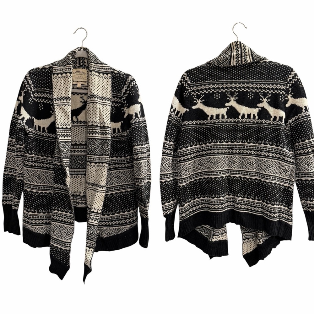 Cambridge Dry Goods Black and Cream Reindeer Fair Isle Open Cardigan